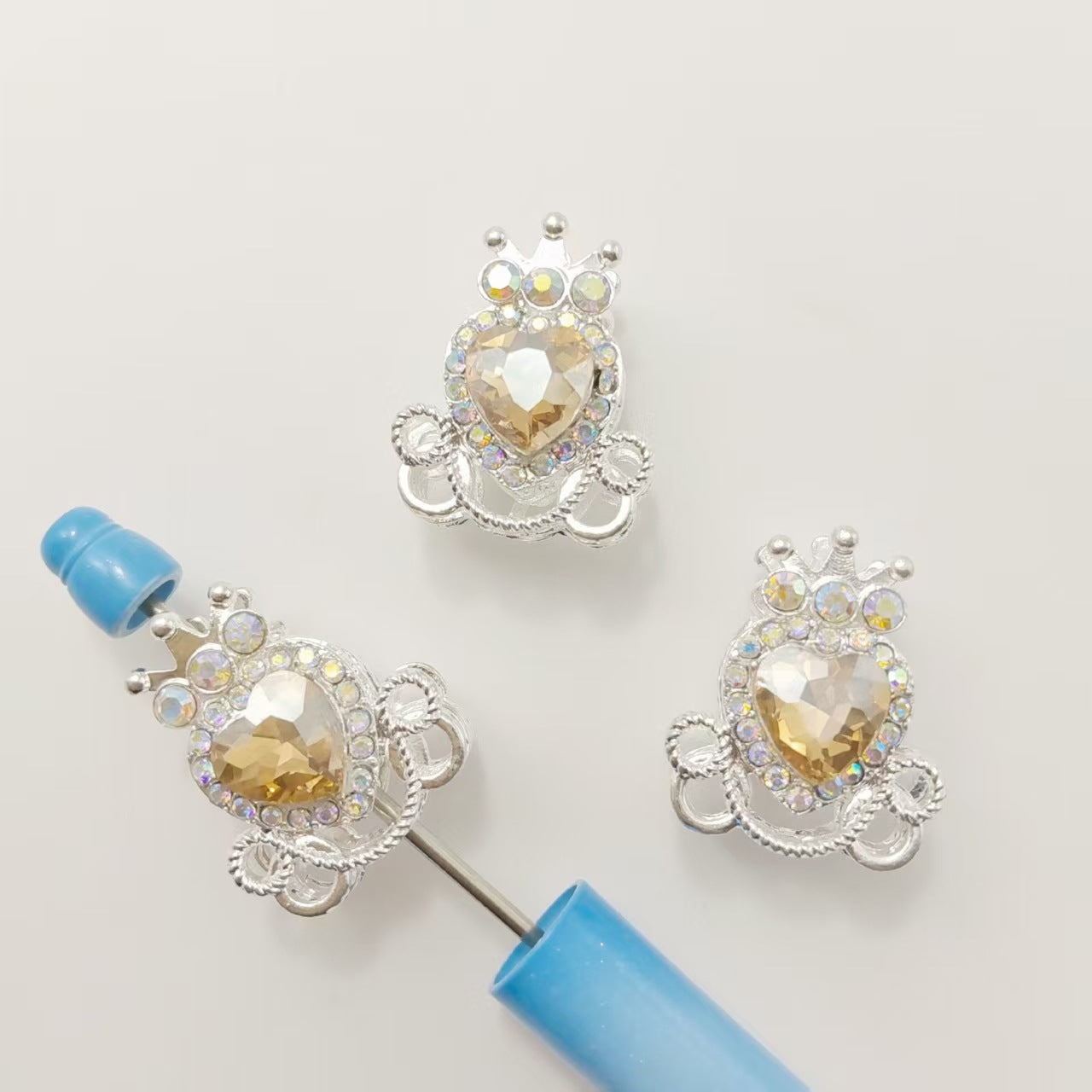 Crown Heart Rhinestone Beads, Vintage Silver Spacer Beads