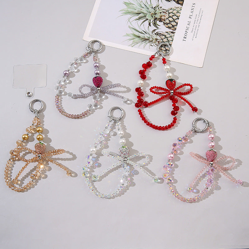 Sparkly Crystal Bow Strawberry Keychain, Bling Beaded Bag Charm Pendant