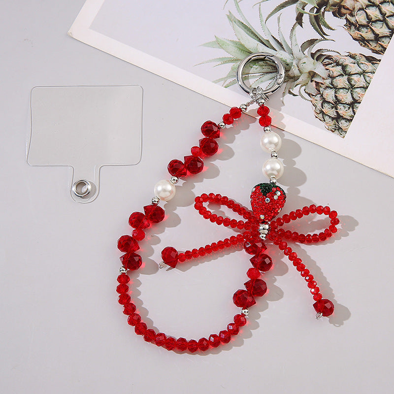 Sparkly Crystal Bow Strawberry Keychain, Bling Beaded Bag Charm Pendant