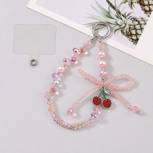 Crystal Cherry Bow Beaded Keychain, Cute Bag Charm Pendant