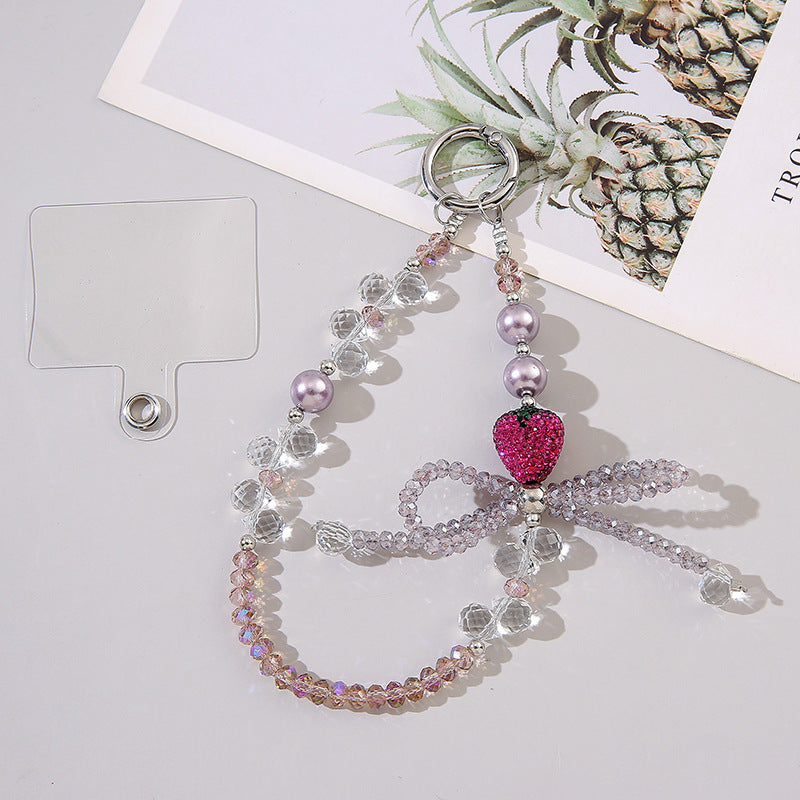 Sparkly Crystal Bow Strawberry Keychain, Bling Beaded Bag Charm Pendant