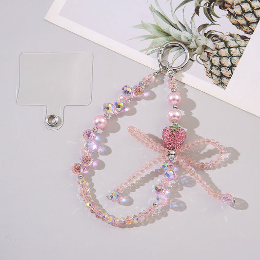 Sparkly Crystal Bow Strawberry Keychain, Bling Beaded Bag Charm Pendant