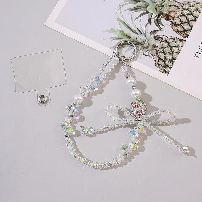 Sparkly Crystal Bow Strawberry Keychain, Bling Beaded Bag Charm Pendant